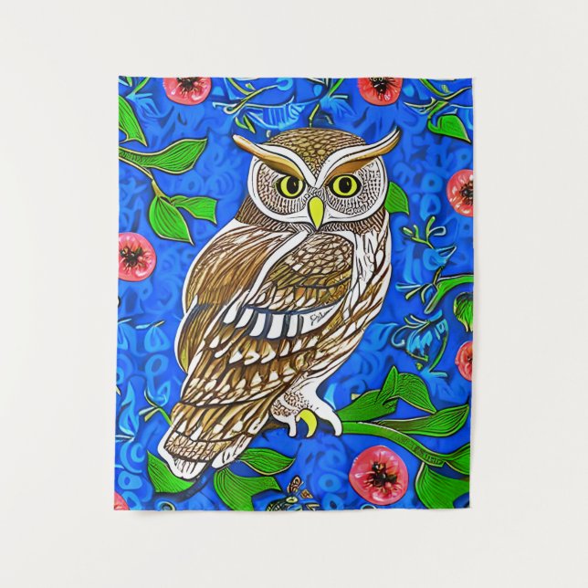 Art Nouveau Inspired Owl, Brown on Cobalt Blue    Tapestry (Front)