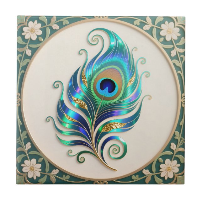 Art Nouveau Iridescent Peacock Feather Ceramic Tile (Front)