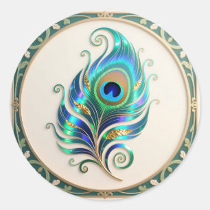 Art Nouveau Iridescent Peacock Feather Classic Round Sticker