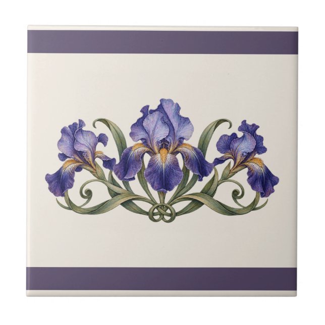 Art Nouveau Iris Custom Colour Frieze Ceramic Tile (Original ivory & plum palette. Customize the background; recolour or remove either band.)