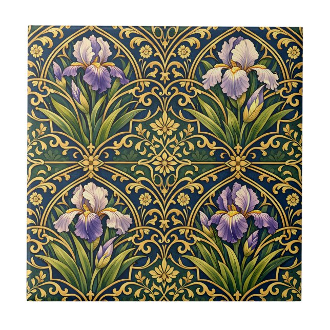 Art Nouveau Iris Floral Damask Ceramic Tile (Front)