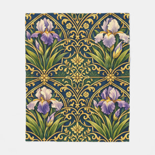 Art Nouveau Iris Floral Damask Fleece Blanket