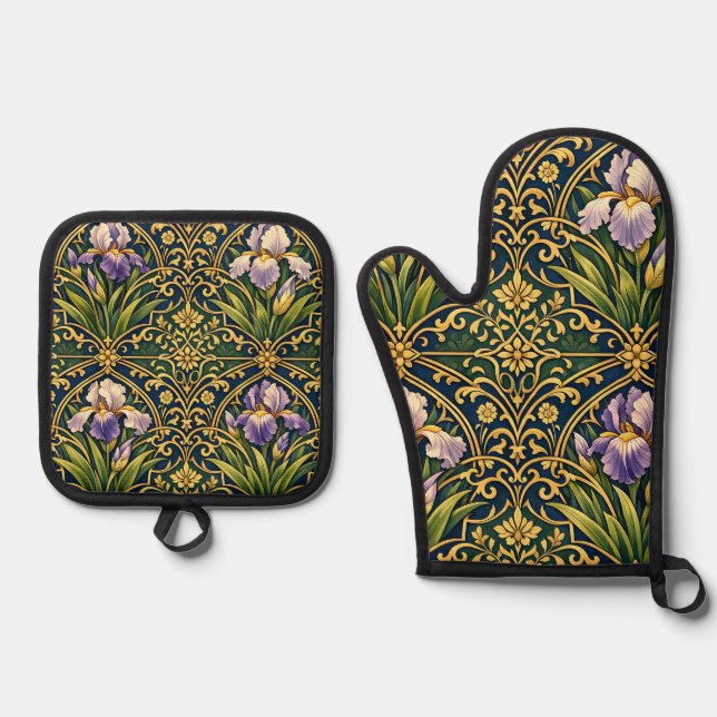 Art Nouveau Iris Floral Damask Oven Mitt & Pot Holder Set (Front)