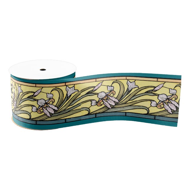 Art Nouveau Iris Floral Flowers Ribbon Grosgrain Ribbon (Spool)