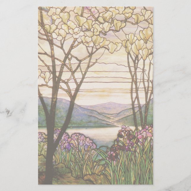 Art Nouveau Iris Magnolia Flower Floral Stationery (Front)