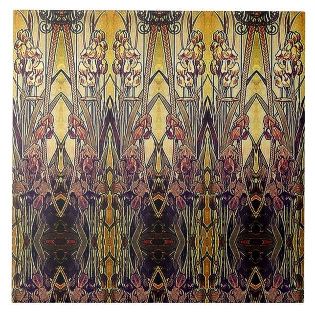 Art nouveau iris pattern gold bronze red elegant  ceramic tile (Front)