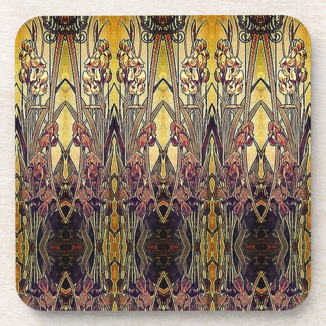 Art nouveau iris pattern gold bronze red elegant  coaster (Front)