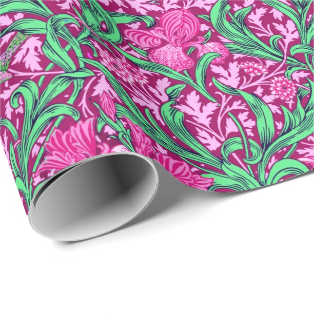 Art Nouveau Iris Print, Fuchsia Pink and Wine Wrapping Paper (Roll Corner)