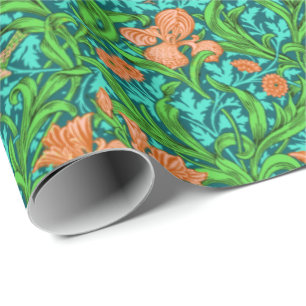 Art Nouveau Iris Print, Orange and Turquoise Wrapping Paper