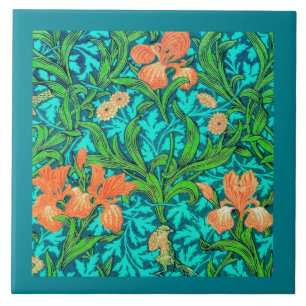 Art Nouveau Irises, Orange and Turquoise Ceramic Tile