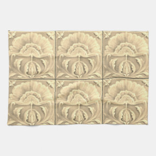 Art nouveau jugendstil flower tile crackle finish tea towel