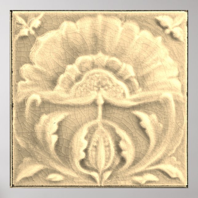 Art nouveau jugendstil flower tile gold cream  poster (Front)