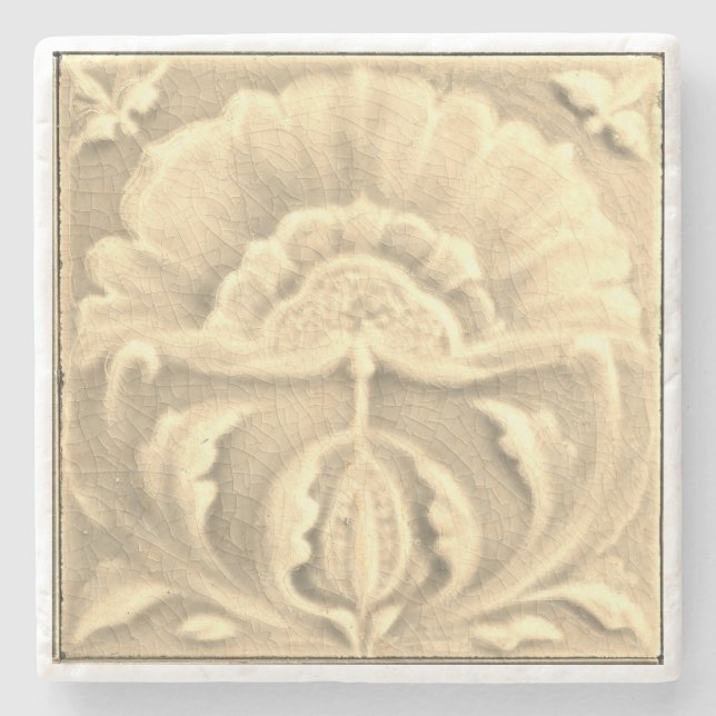 Art nouveau jugendstil flower tile gold cream  stone coaster (Front)
