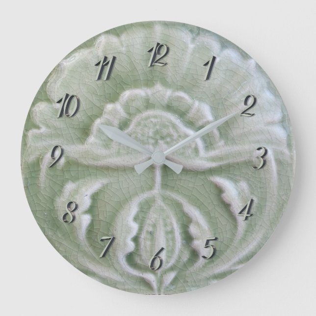 Art nouveau jugendstil flower tile gray green large clock (Front)