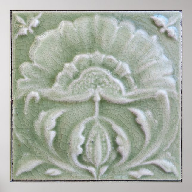 Art nouveau jugendstil flower tile gray green poster (Front)