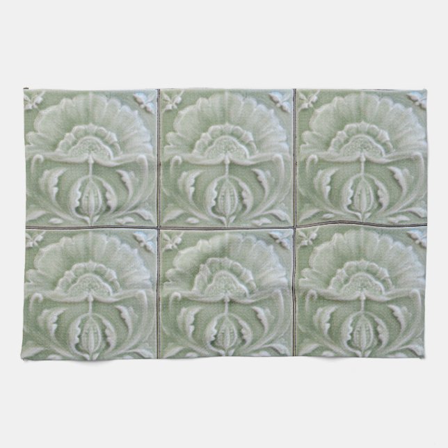Art nouveau jugendstil flower tile grey green tea towel (Horizontal)