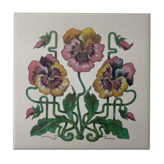 Art Nouveau Jugendstil Pink Pansies Repro Antique Ceramic Tile (Front)