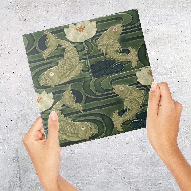 Art Nouveau Jugendstil Pond Fish Green Ceramic Tile (green Art Deco vintage tile with japanese style koi fish in pond with waterlily)