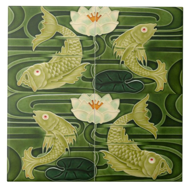 Art Nouveau Jugendstil Pond Fish Green Ceramic Tile (Front)