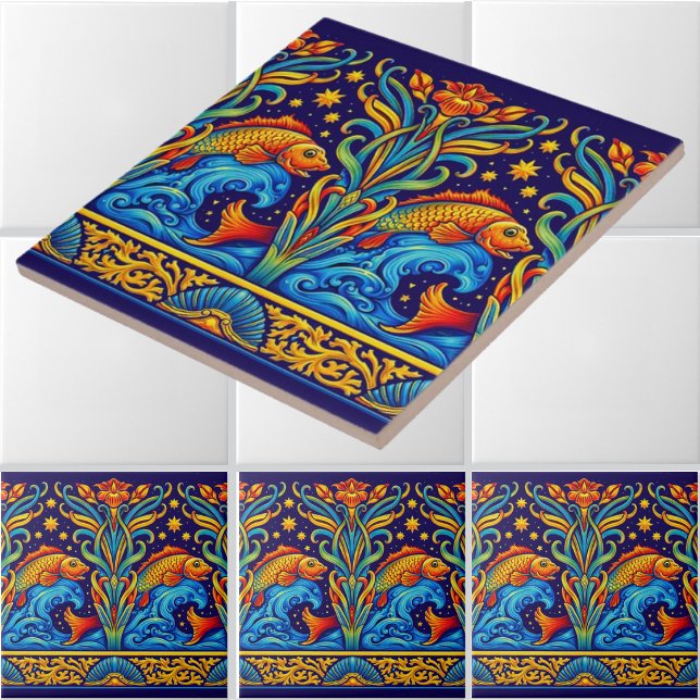 Art Nouveau Koi Fish & Flowers Frieze Pattern Ceramic Tile (Creator Uploaded)