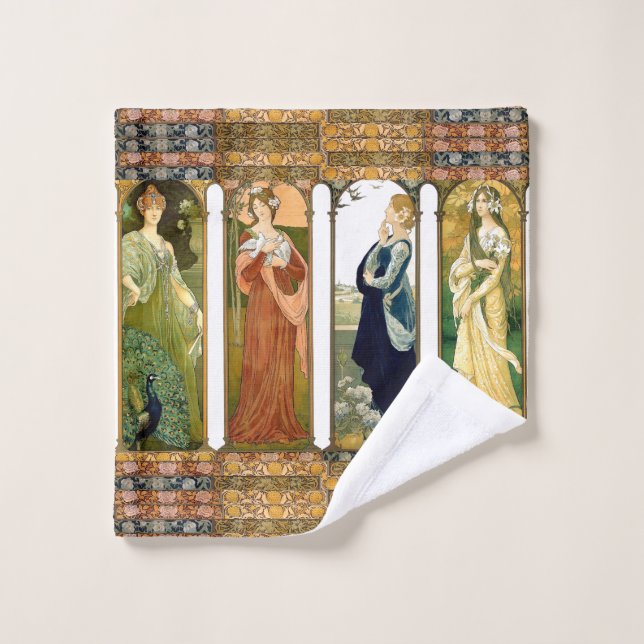 Art Nouveau Ladies Birds Flowers Bath Towel Set (Wash Cloth)