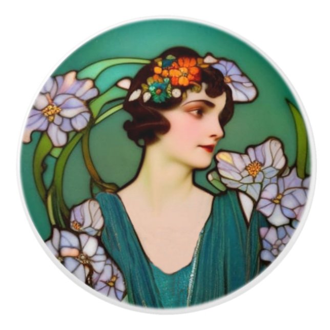 Art Nouveau Lady and Flowers - Green and Lilac Ceramic Knob (Front)