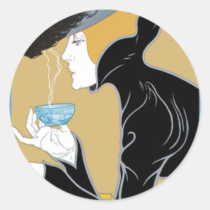 Art Nouveau Lady Drinking Tea Classic Round Sticker