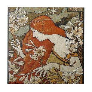 Art Nouveau Lady Flowers Floral Woman Vintage Ceramic Tile
