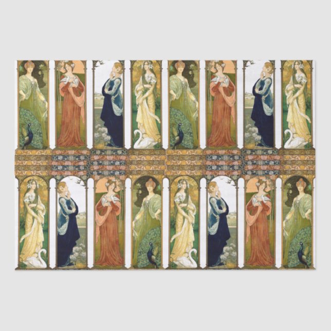 Art Nouveau Lady Swan Peacock Dove Flowers Tissue Paper (Front)