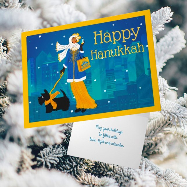 Art Nouveau Lady with Black Scottie Dog Holiday Card (Scottish Terriers are always in season!)