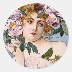Art Nouveau Lady with Flowers Classic Round Sticker