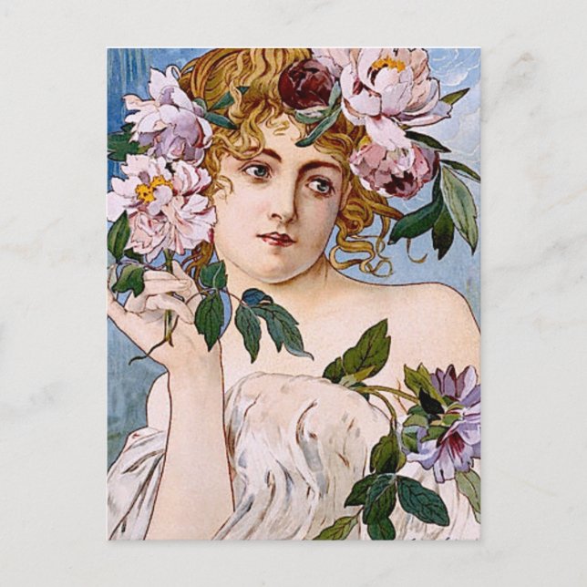 Art Nouveau Lady with Flowers Postcard (Front)
