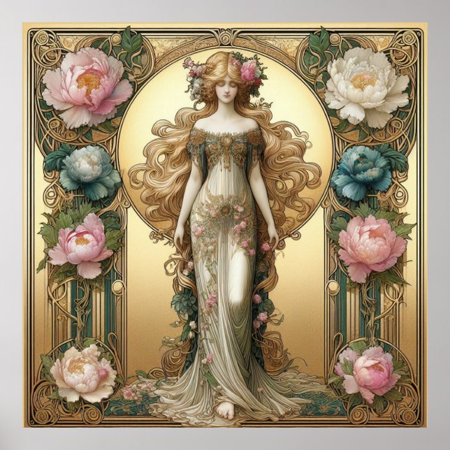Art Nouveau Lady with Peonies Poster (Front)
