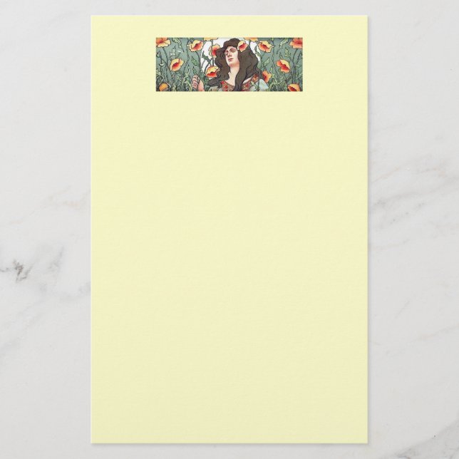 Art Nouveau Lady with Poppy Flowers Stationary Stationery (Front)