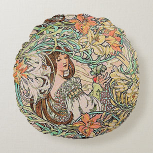 Art Nouveau Language of Flowers by Alphonse Mucha Round Cushion