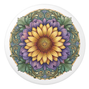 Art Nouveau Lavender Sunflower Medallion Ceramic Knob