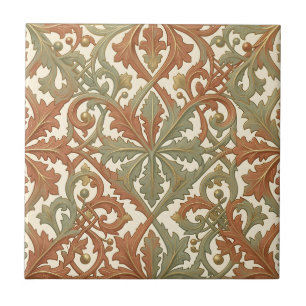 Art Nouveau Leaf Scroll Terracotta Sage Pattern Ceramic Tile