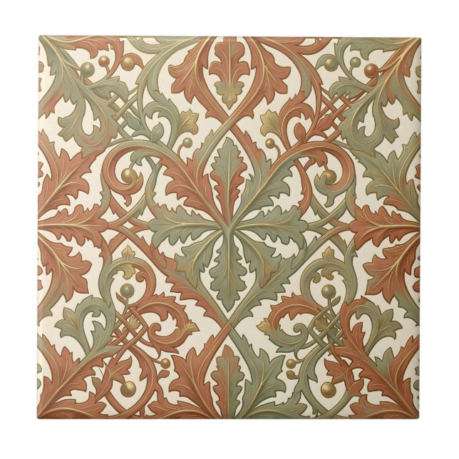 Art Nouveau Leaf Scroll Terracotta Sage Pattern Ceramic Tile (Front)
