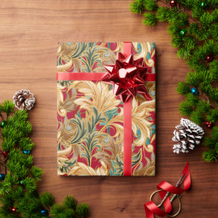 Art Nouveau Leaves Christmas Red/Green/Gold Wrapping Paper