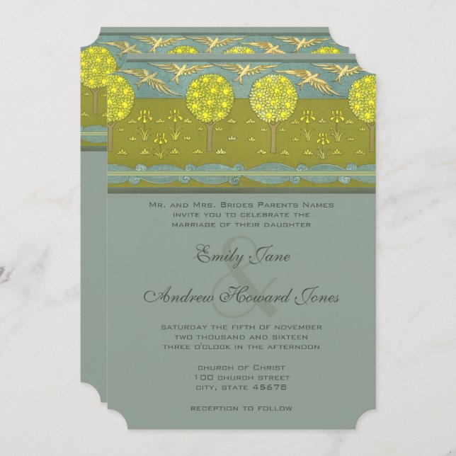 Art Nouveau Lemon Tree Vintage Bird Wedding Invitation (Front/Back)