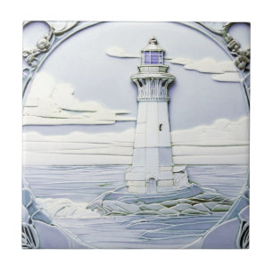 Art Nouveau Lighthouse Faux Relief Light Blue Ceramic Tile