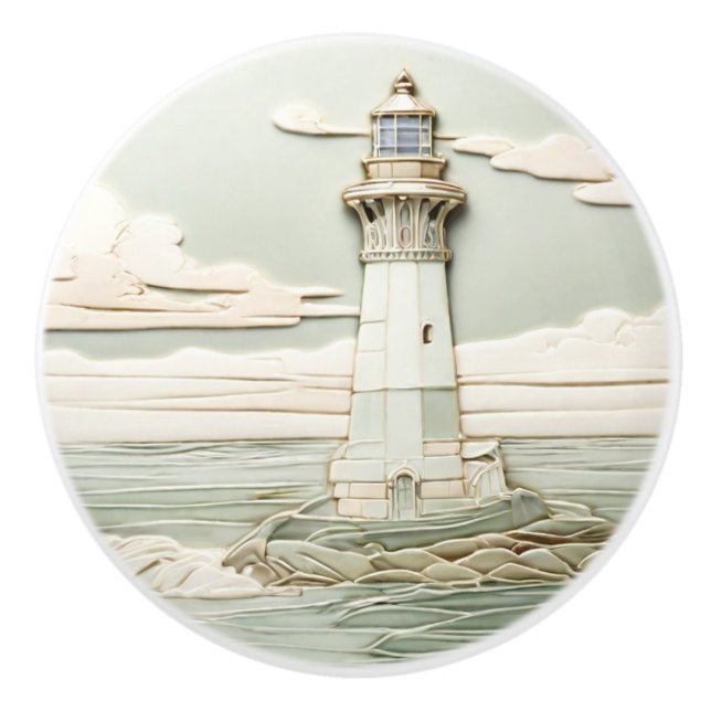 Art Nouveau Lighthouse Faux Relief Light Mint Blue Ceramic Knob (Front)