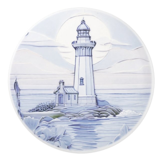 Art Nouveau Lighthouse Ocean Sea Blue and White  Ceramic Knob (Front)