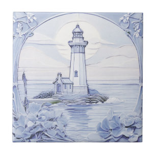 Art Nouveau Lighthouse Ocean Sea Blue and White  Ceramic Tile