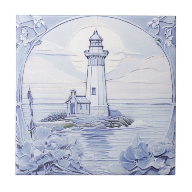 Art Nouveau Lighthouse Ocean Sea Blue and White  Ceramic Tile (Front)