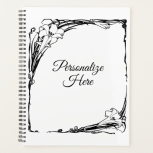 Art nouveau lily flower elegant black and white planner