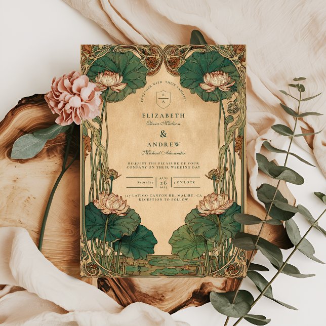 Art Nouveau Lotus Floral Wedding Invitation (Creator Uploaded)