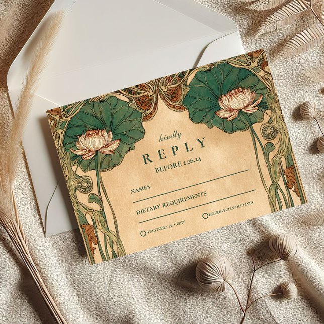 Art Nouveau Lotus Floral Wedding RSVP Card (Creator Uploaded)