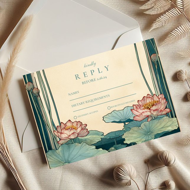 Art Nouveau Lotus Floral Wedding RSVP Card (Creator Uploaded)