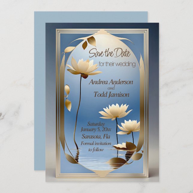 Art nouveau lotus flowers wedding  save the date (Front/Back)